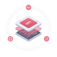 Illustration of an API with layered components and icons representing functionality and integration.